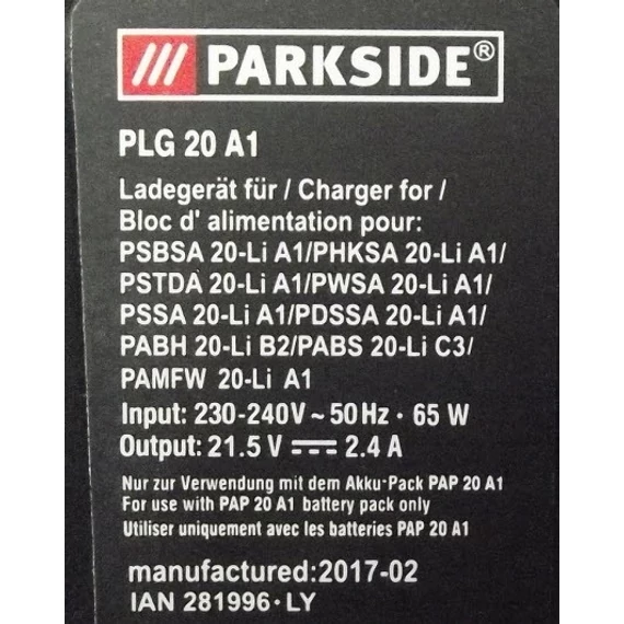PLG 20 A 1 Parkside akkumulátor töltő 65W (X20V Team) 
